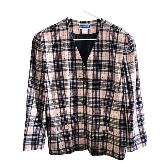 Vintage Pendleton Plaid Wool Blend Blazer Jacket Pink Blue Plus 16 - Picture 8 of 8